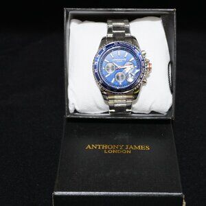 Anthony James London Silver Metal Band with Blue Face and Blue Bezel